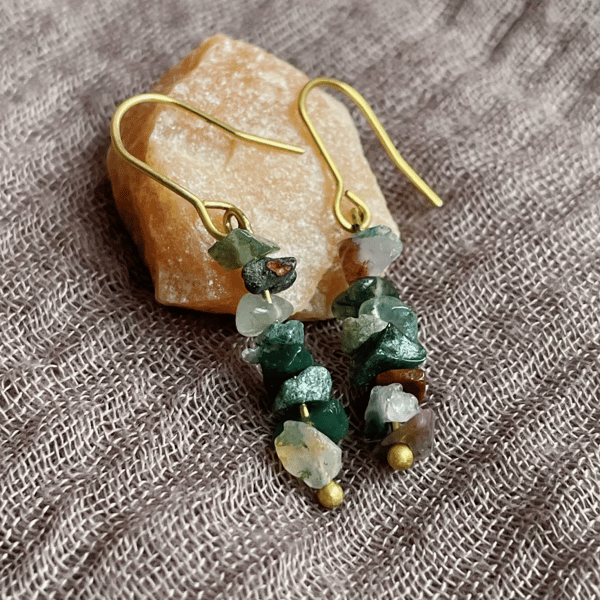 Handmade natural Indian agate stone and brass earrings, stone jewellery