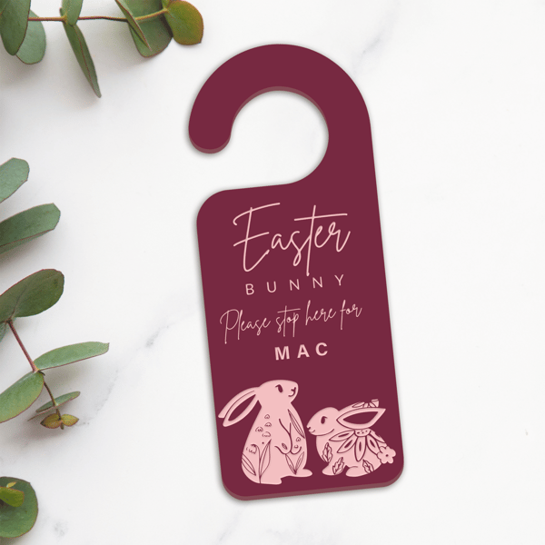 Easter Bunny Stop Here Sign - Two Bunnies: Personalised Cute Easter Door Hanger 
