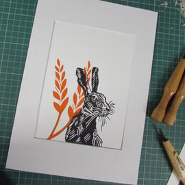 Handmade Linoprint 'Harvest Hare' Cottagecore Gift