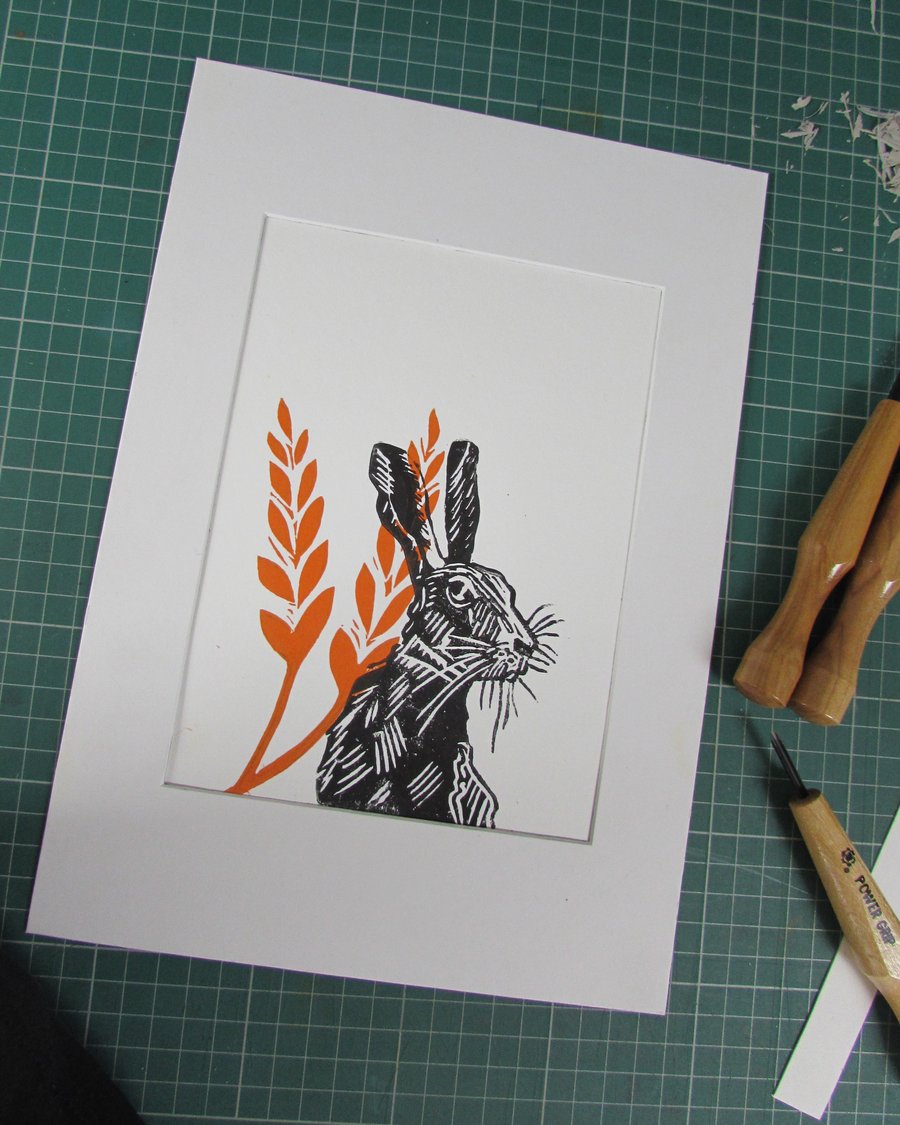 Handmade Linoprint 'Harvest Hare' Cottagecore Gift