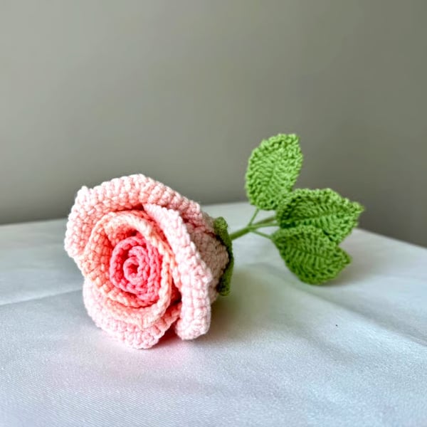 Crochet pink rose with 3 leaves ,pink flower