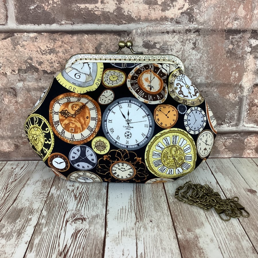 Clocks Steampunk small fabric frame clutch makeup bag handbag purse