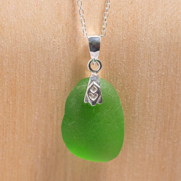 Welsh Sea Glass Pendant Necklace, Green - 1007