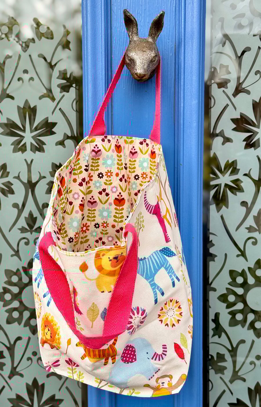 Small tote bag - jungle theme and bold floral lining