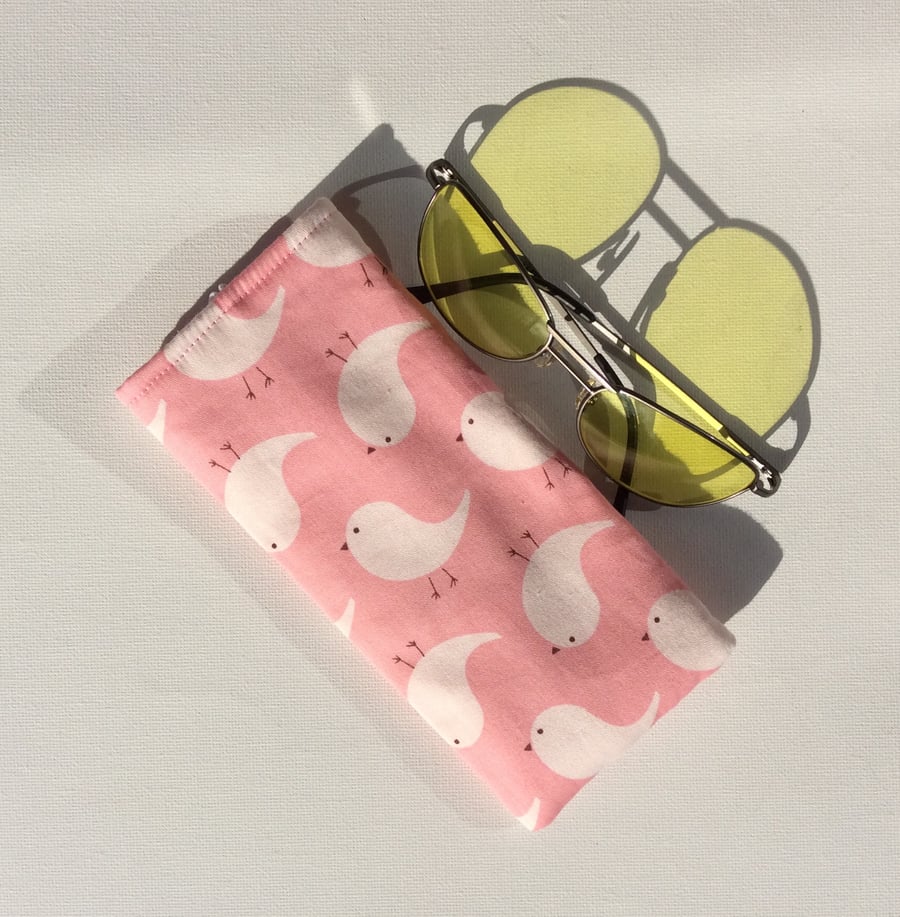 Glasses Case, sunglasses case, pink with white birds