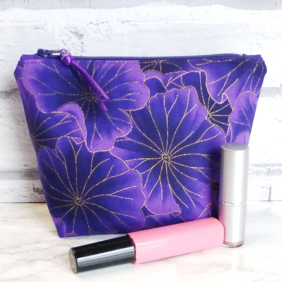 Purple make up bag, zipped pouch, cosmetic bag,  medium size.