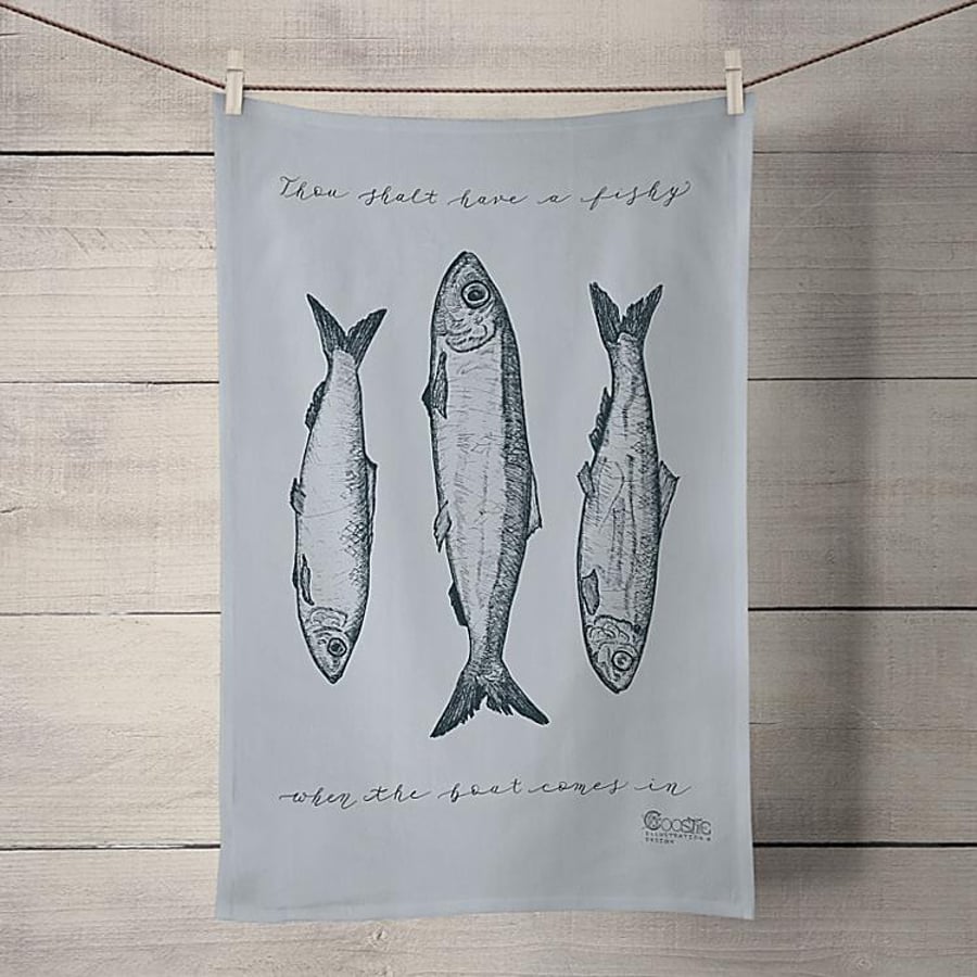 Fishy Dishy Herring Illustration 100% Organic Cotton Tea Towel