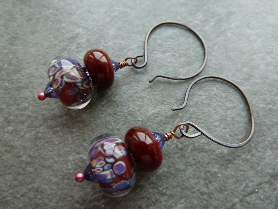copper earrings, chocolate brown lampwork glass