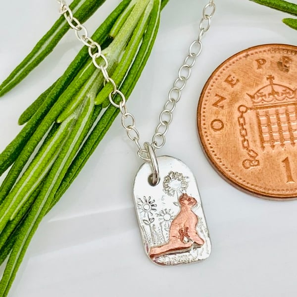 Silver Dog Pendant, Necklace, Meadow, flowers, Labrador, Puppy