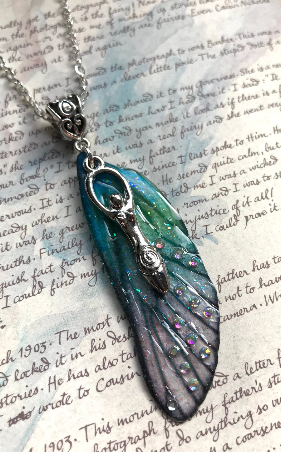 Blue and Green Aurora Borealis Goddess Fairy Wing Necklace