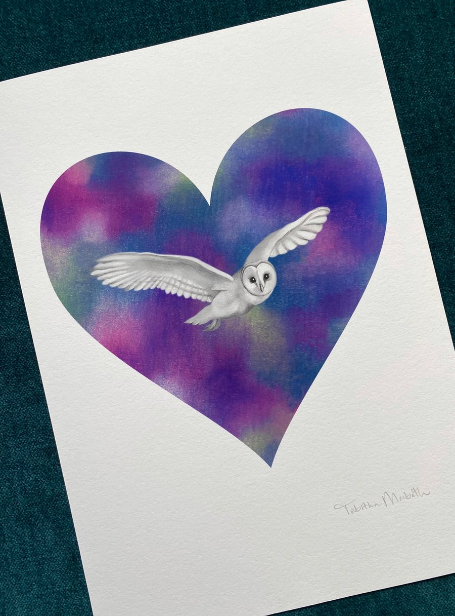 Owl Art print - Heart Art print, Flying Owl art 