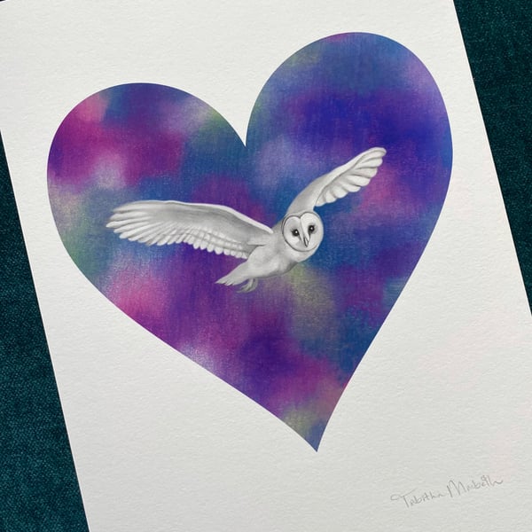 Owl Art print - Heart Art print, Flying Owl art 