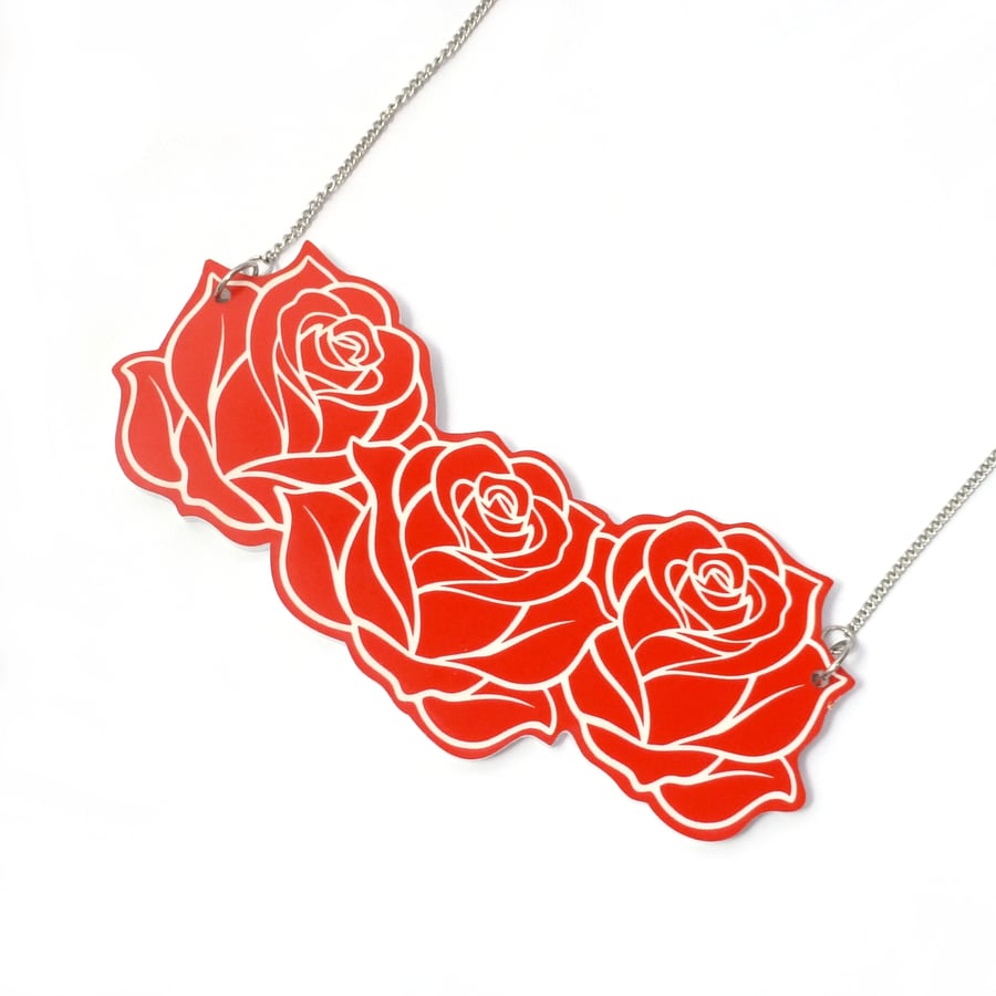 Red rose necklace, large red statement necklace flower jewellery
