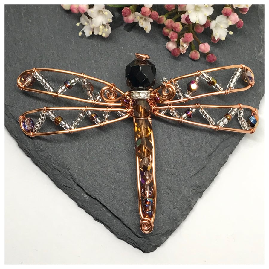 Dragonfly Brooch, Copper and Crystals
