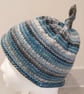 Handknit KNOTTY TOP BEANIE Stripey jacquard blue grey child teen adult small - Image 1