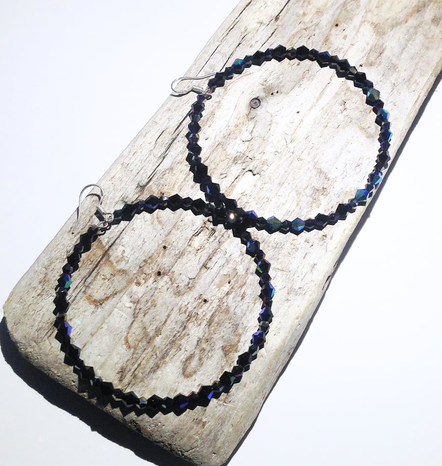 Large Dark Metallic Crystal Bead Hoop Earrings - UK Free Post
