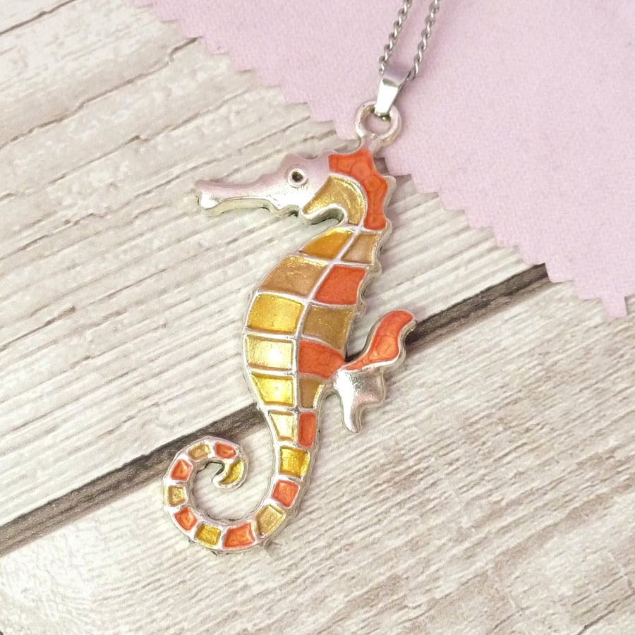 Gold seahorse pendant with orange and yellow, handpainted necklace for women