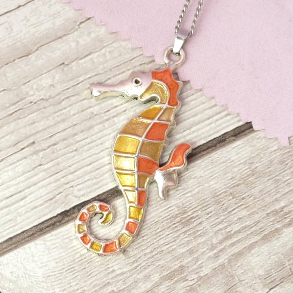 Gold seahorse pendant with orange and yellow, handpainted necklace for women