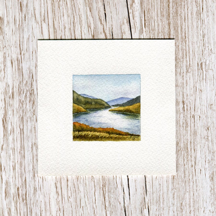  Original Watercolour Miniature - painting of Scotland, hills & loch