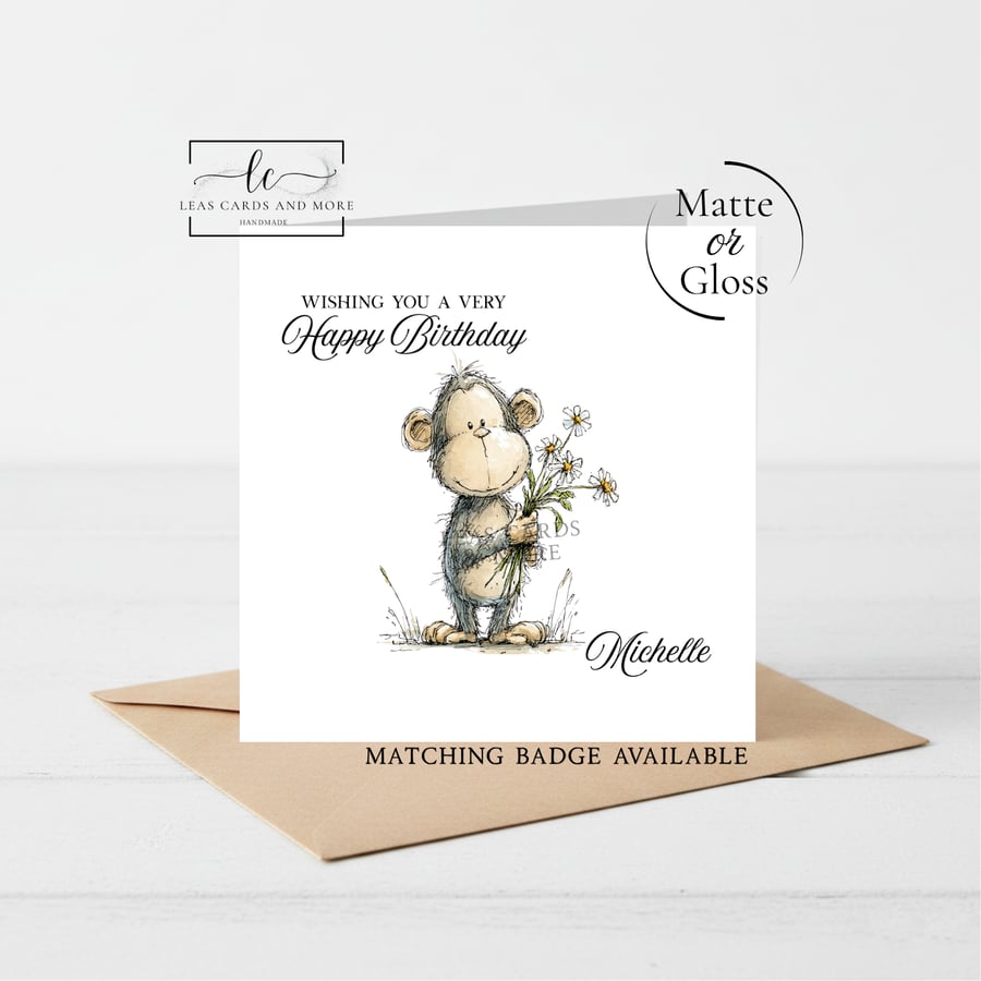 Floral Monkey Theme Happy Birthday Card