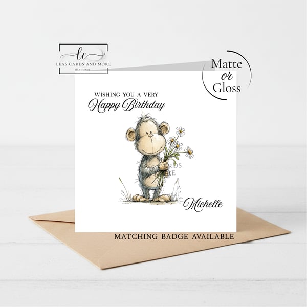 Floral Monkey Theme Happy Birthday Card