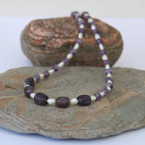 Amethyst and Pearl Gemstone Necklace with Sterling Silver