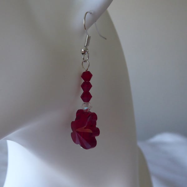  Pair of  Red Crystal Glass Teddy Bear Earrings 