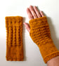 Fingerless Gloves Mittens Wrist Warmers in Mustard Tweed Aran Wool - Image 5