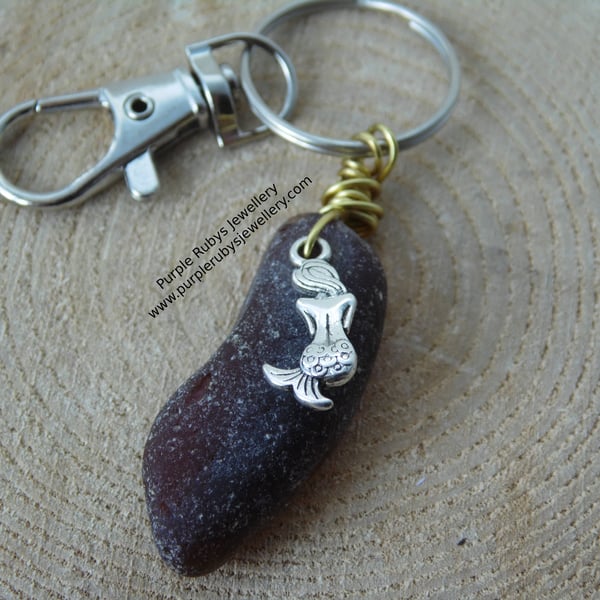 Amber Sea Glass with Mermaid Bag Charm Key Ring K243