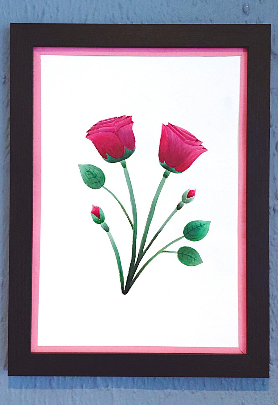 A3 Size Framed Print Painting Roses Flowers Colourful Stylish Pink Border