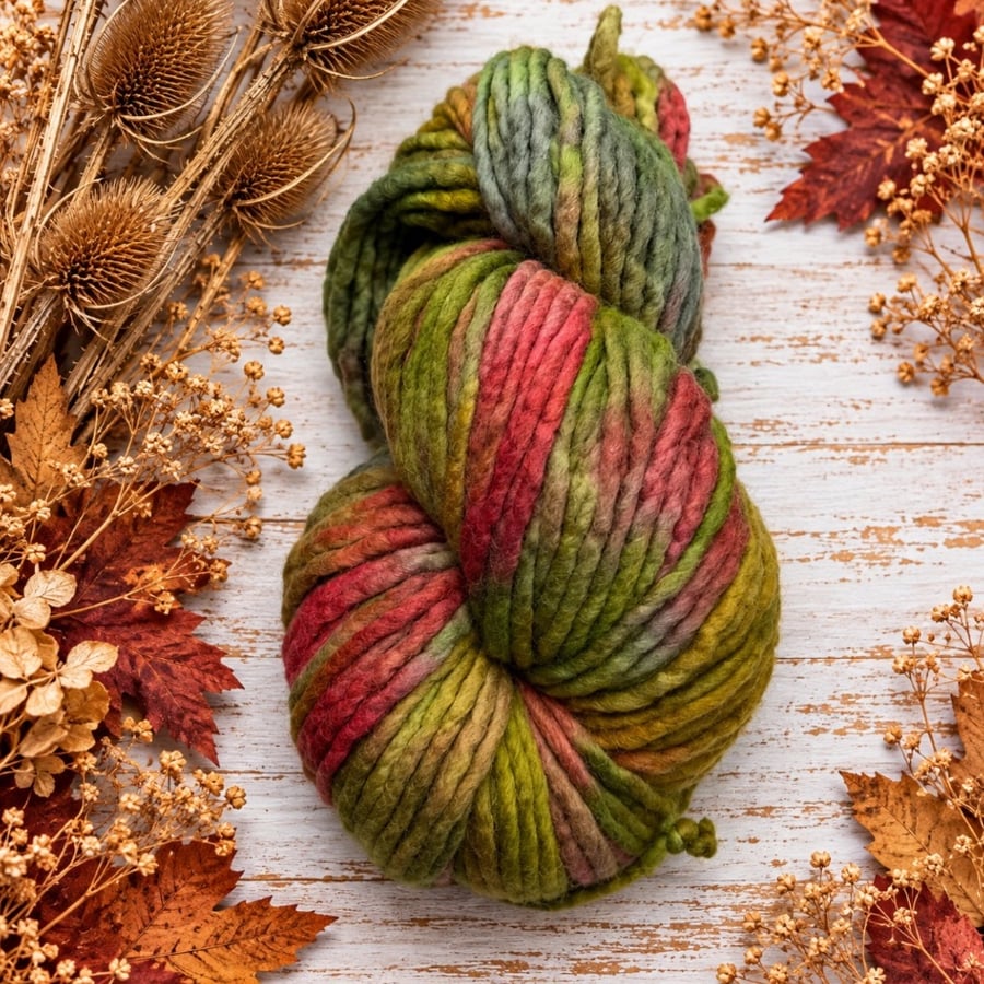 200g Hand dyed super chunky merino yarn, autumnal mixed greens red ...