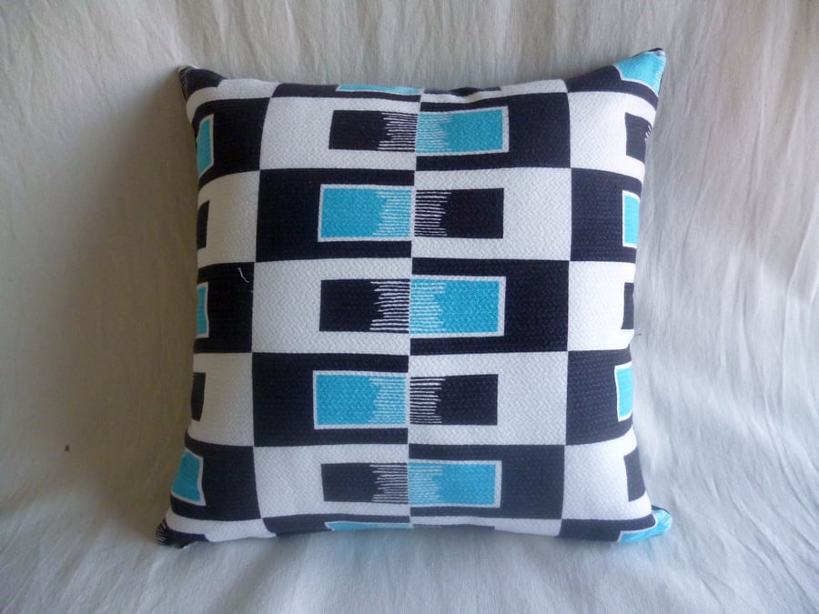  1960s  vintage black and turquoise op art fabric cushion cover