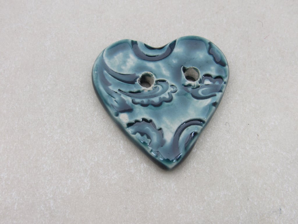 SECONDS Medium Petrol Blue Brocade Texture Heart Shaped Ceramic Button