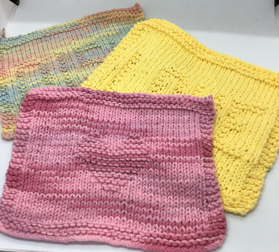 Hand Knit Cotton Dishcloth Bundle of 3