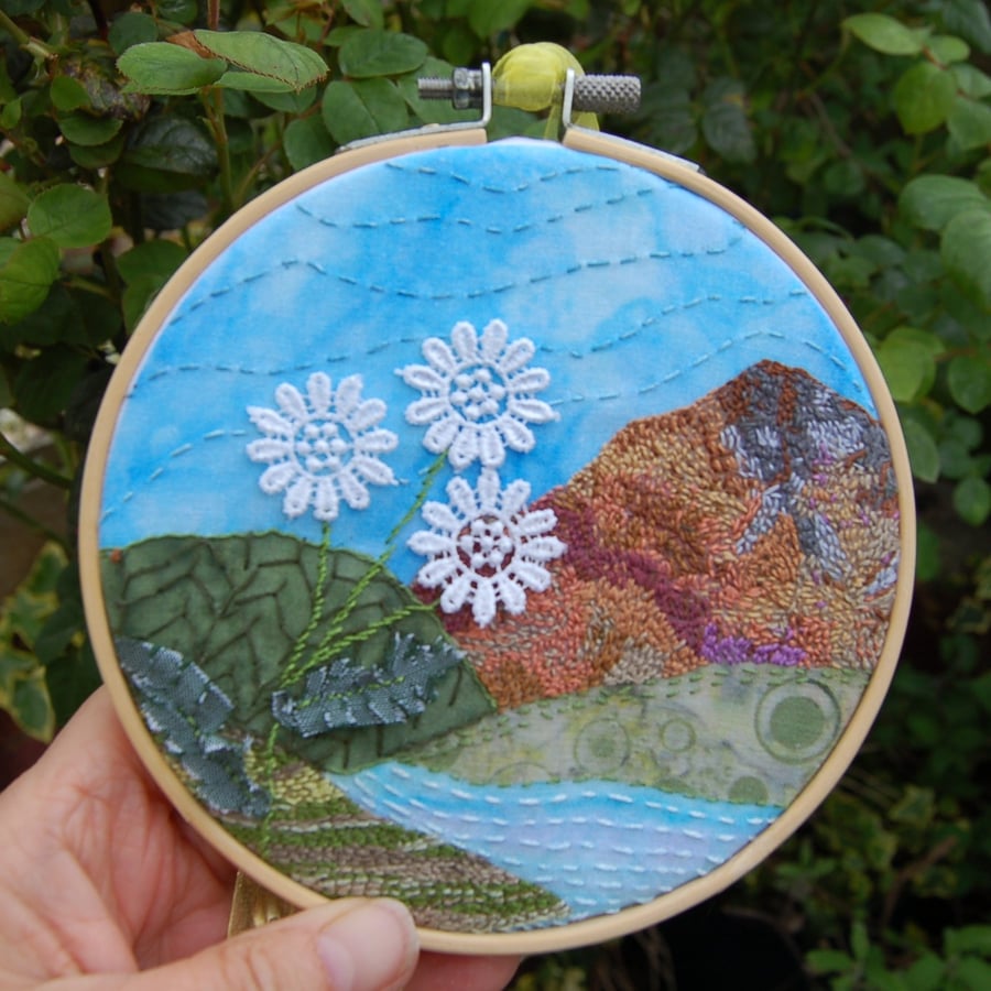 Embroidered landscape in a hoop
