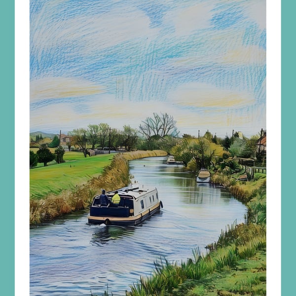 Narrow Boat On The Fens Norfolk Autumn Time Greeting Card A5 