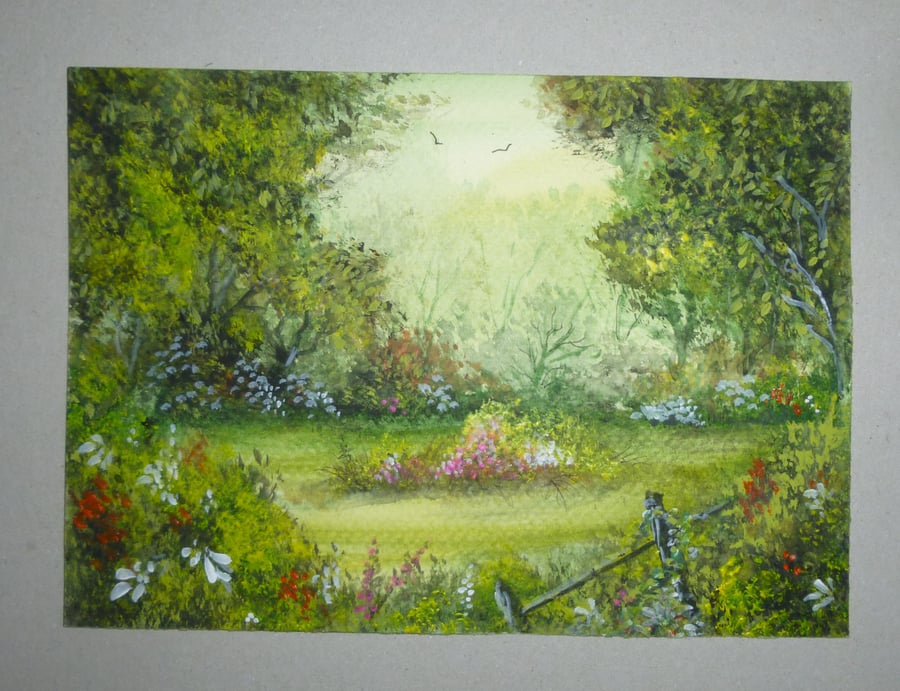 summer garden art painting watercolour landscape original ( ref FA420 H1 )