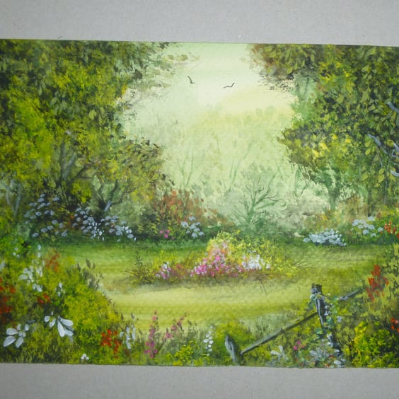 summer garden art painting watercolour landscape original ( ref FA420 H1 )