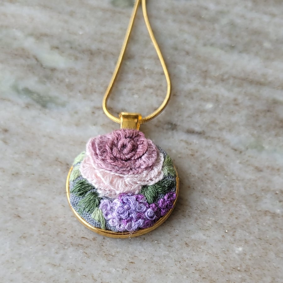 hand Embroidered necklace with rose pendant, vintage style, pink Rose, purple