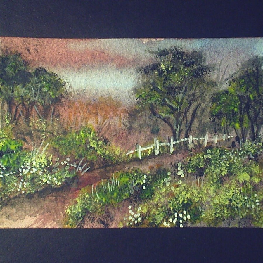 aceo SFA original miniature watercolour painting landscape woodland path