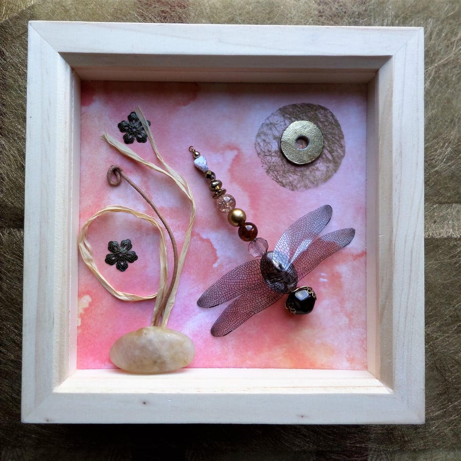 Peach Glow Beaded Dragonfly Box Frame