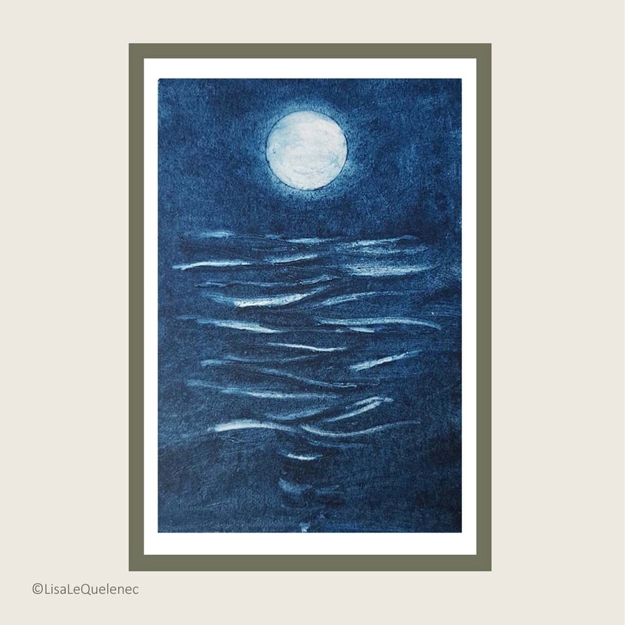 Harvest moon collagraph moon over the sea no.5 limited edition print OOAK