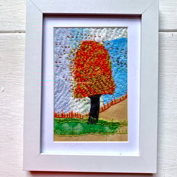 Abstract tree picture hand embroidered textile art 