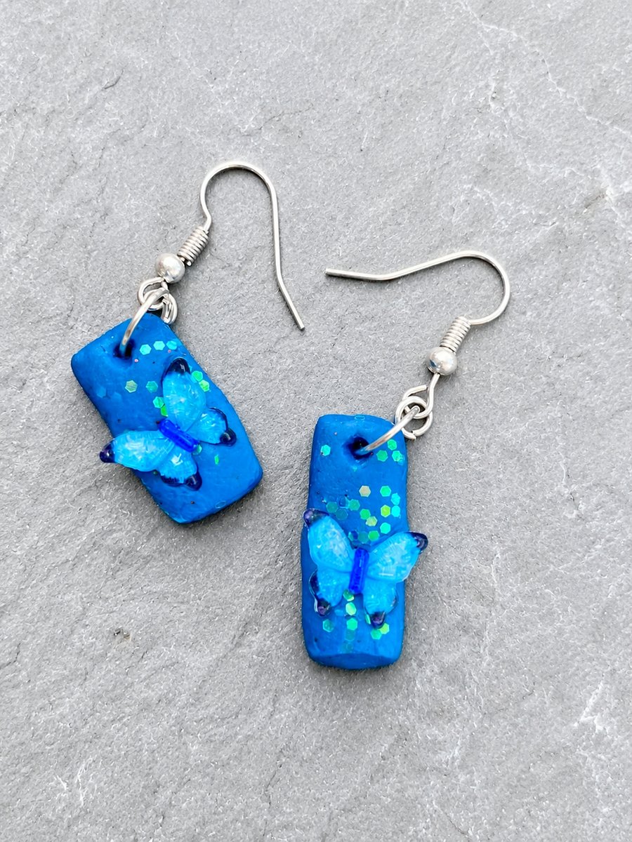 Handmade Sparkling Butterfly Polymer Clay Dangly Earrings