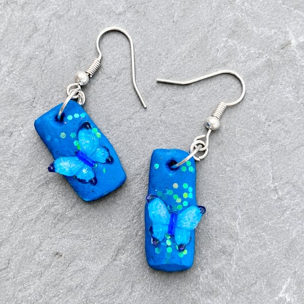 Handmade Sparkling Butterfly Polymer Clay Dangly Earrings