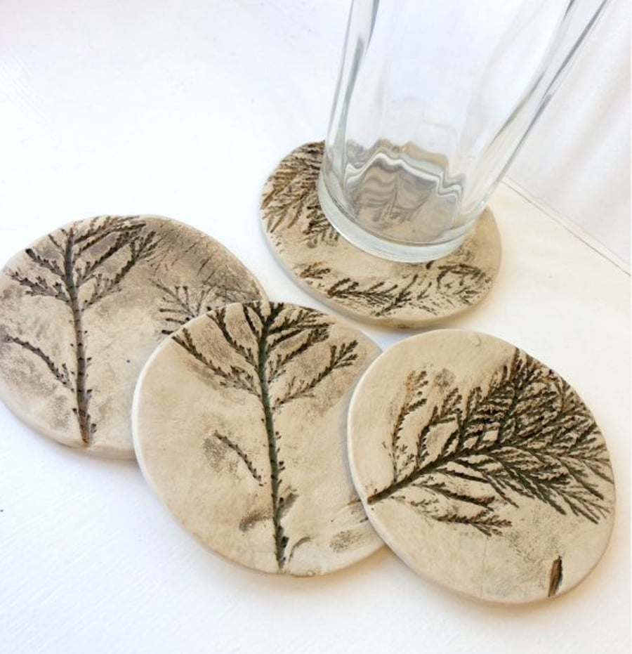 Set of 4 Round Pine Tree Ceramic Coasters