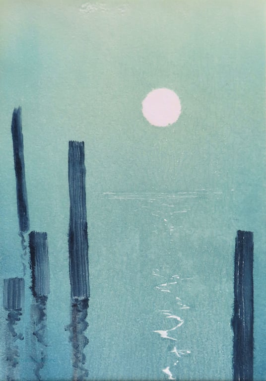 Turning tide II original ooak monoprint of the moon glinting on a calm sea