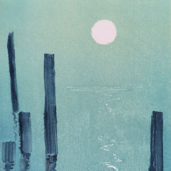 Turning tide II original ooak monoprint of the moon glinting on a calm sea