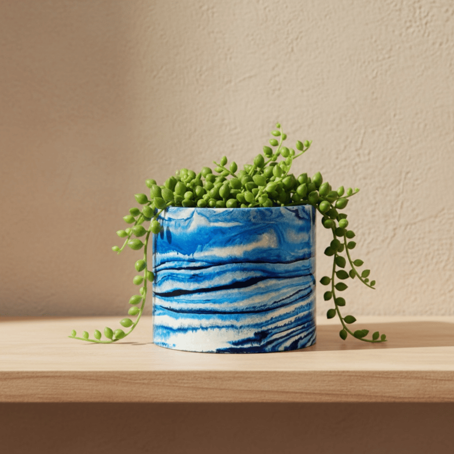 Small 7.5 cm Blue Marbled Round Plant Pot for Succulents and Mini Plants