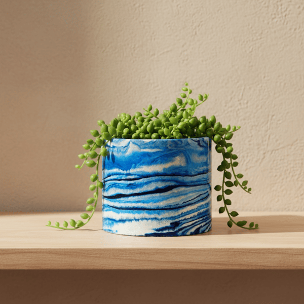 Small 7.5 cm Blue Marbled Round Plant Pot for Succulents and Mini Plants
